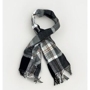 Cashmillion Plaid Scarf Black Gray White Checkered Fringe Winter Warm Classic